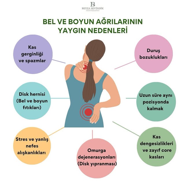 Bel ve boyun ağrılarının yaygın nedenlerini gösteren bilgi grafiği: kas gerginliği ve spazmlar, duruş bozuklukları, disk hernisi, uzun süre aynı pozisyonda kalmak, stres ve yanlış nefes alışkanlıkları, kas dengesizlikleri ve zayıf core kasları, omurga dejenerasyonları.